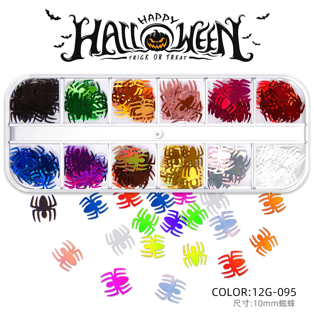 Nail Art Decorations 12 Grids Mixed Design DIY Decoration Pumpkin Ghost Cat Spider Skeleton Halloween Nail Sequins